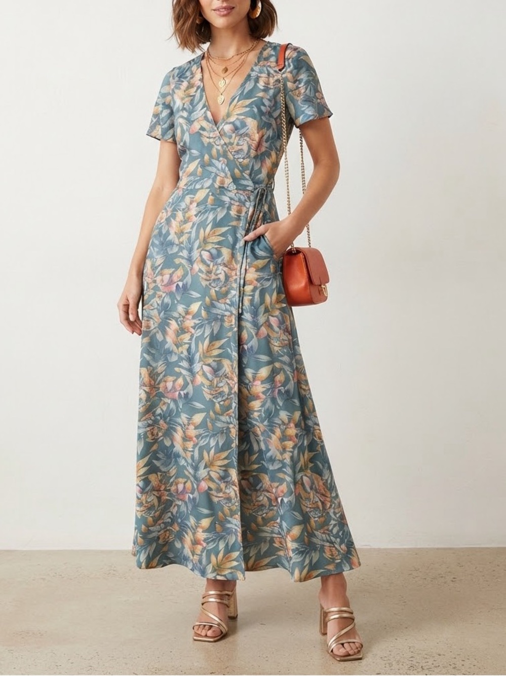 Leaf-Print Wrap Maxi Dress in Teal